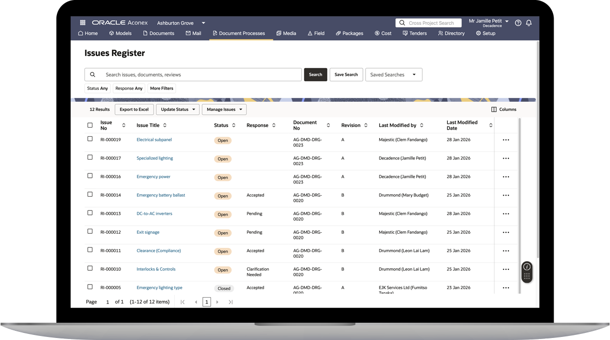 laptop showing a screen of the issues register in Aconex
