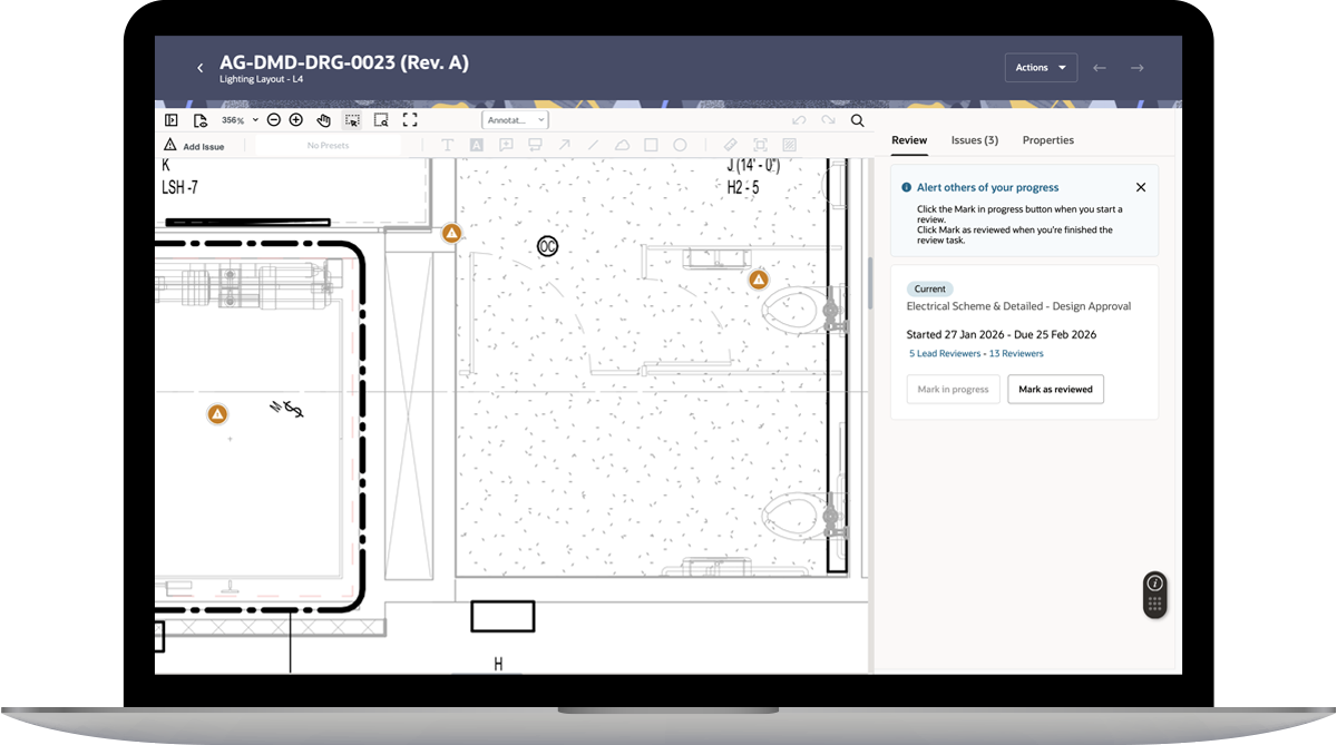 laptop showing a screen of a drawing review with an option to mark the review as completed