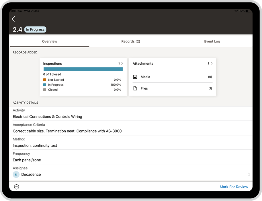 an iPad showing the activity screen in Oracle Aconex Mobile