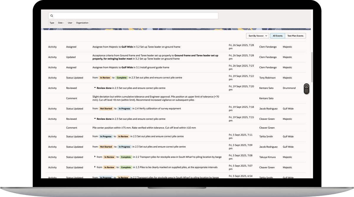 a laptop screen showing the test plan event log in Aconex