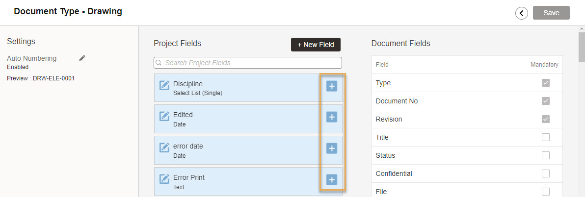 Apply project fields to document types