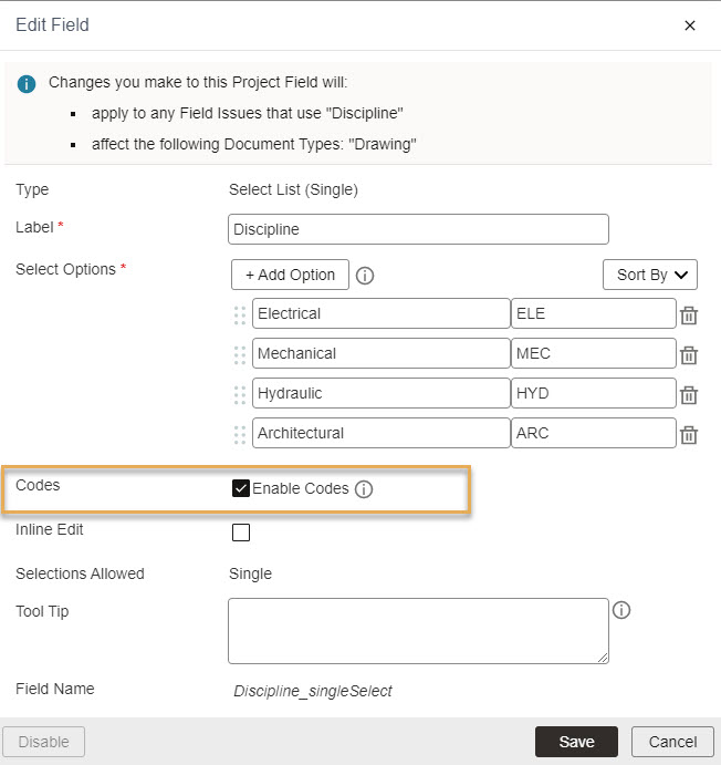 Apply project fields to document types